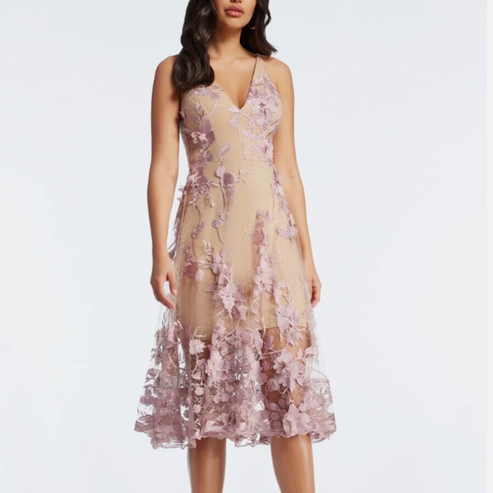 Dress the Population Audrey Strap 3D Lilac Pink Floral Party Dress M